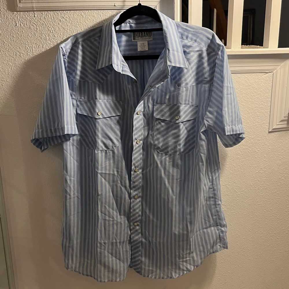 Haband Men's Blue Striped Pearl Snap Button Down Shirt